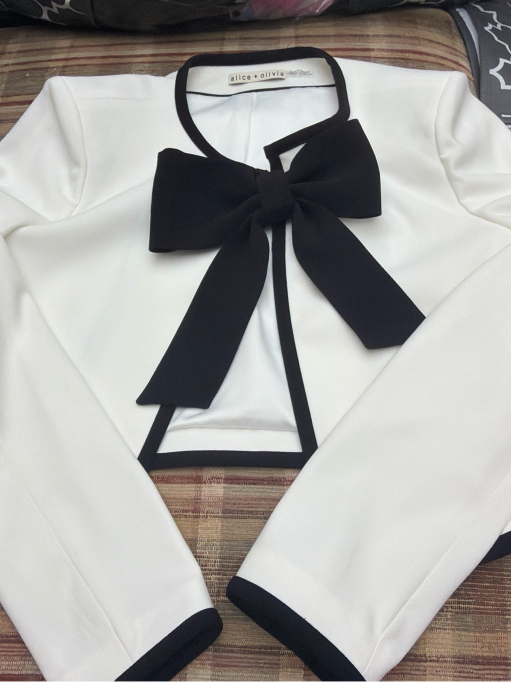 Alice + Olivia White Cropped Blazer with Black Bow Trim